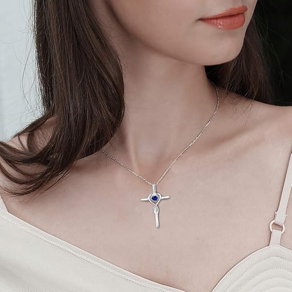 Zafiro Corazón Piedra Cross Collar | Blanco Oro