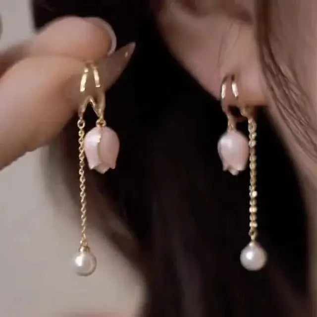 Oro Floral Perla Aretes Colgantes