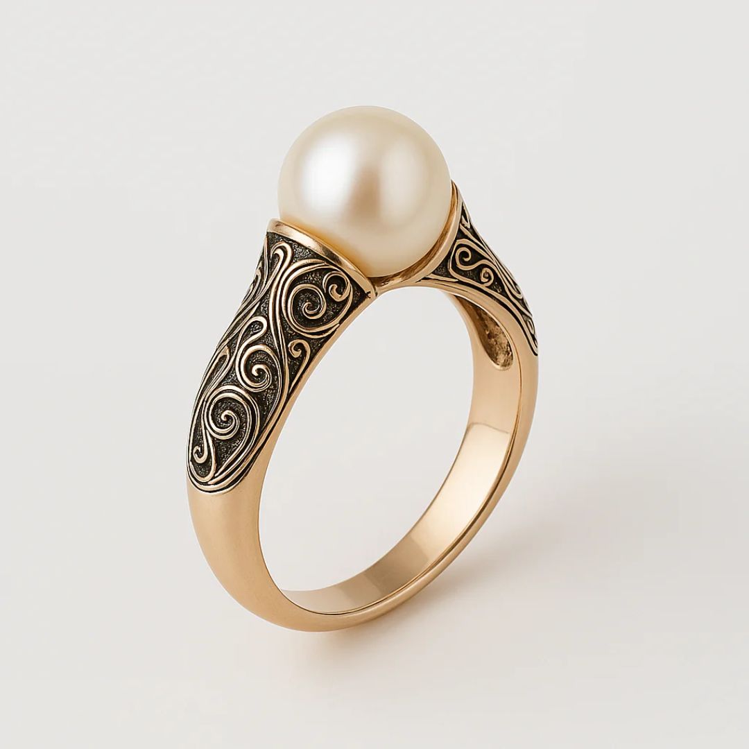 Oro Filigree Anillo de Perlas