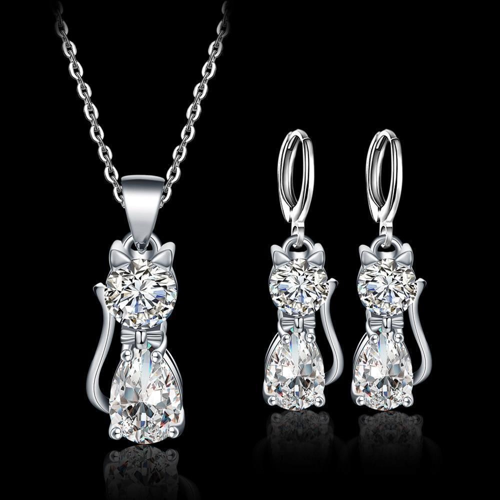 Set Collar + Aretes Happy Cats in Sterling Plata and Polished Blanco Zirconium