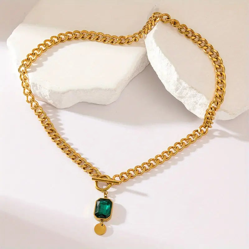 Chunky Chain Esmeralda Pendant Collar | Oro