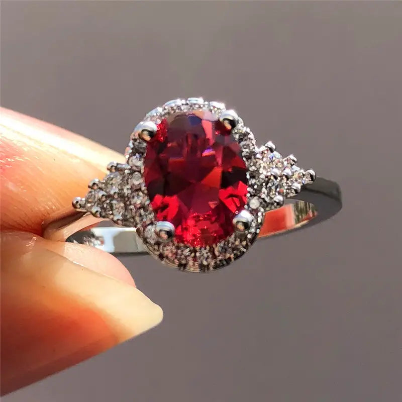 Plata Rubí Halo Anillo