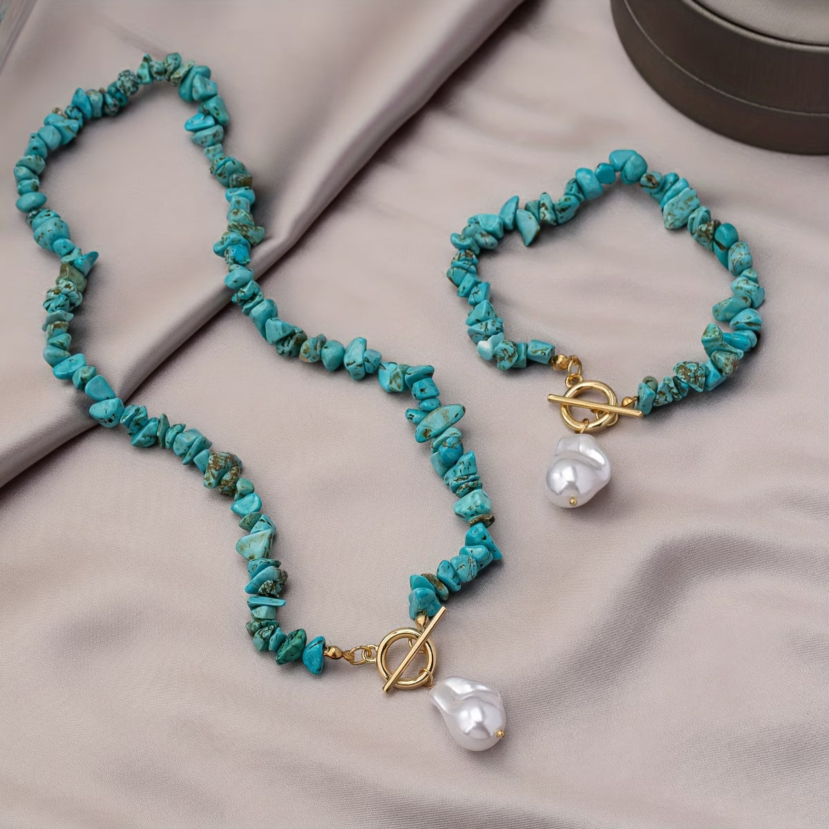 Turquesa & Collar de Perlas Set de Pulseras