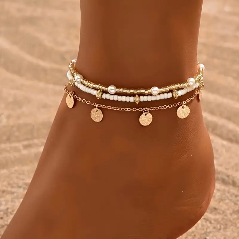 Coastal Dije 3-Piece Layered Anklet Set | Oro
