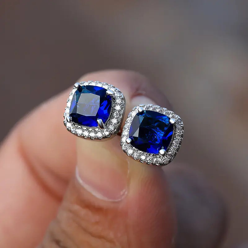 Plata Zafiro Halo Aretes de Botón