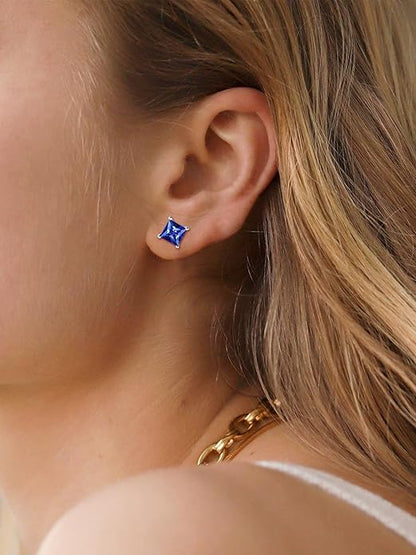 Minimalist Princess Cut Zafiro Aretes de Botón | Blanco Oro