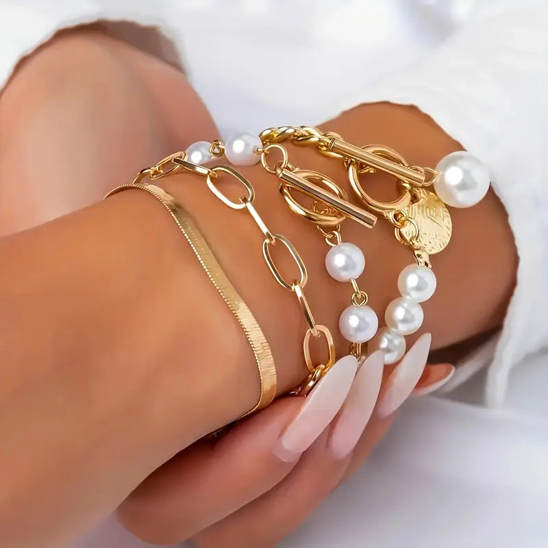 Chic Oro 4-Piece Set de Pulseras - Snake, Perlas & Links | Oro