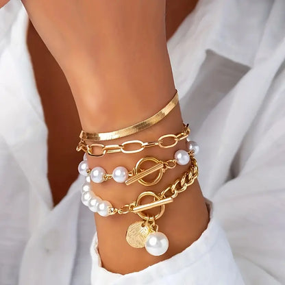 Chic Oro 4-Piece Set de Pulseras - Snake, Perlas & Links | Oro