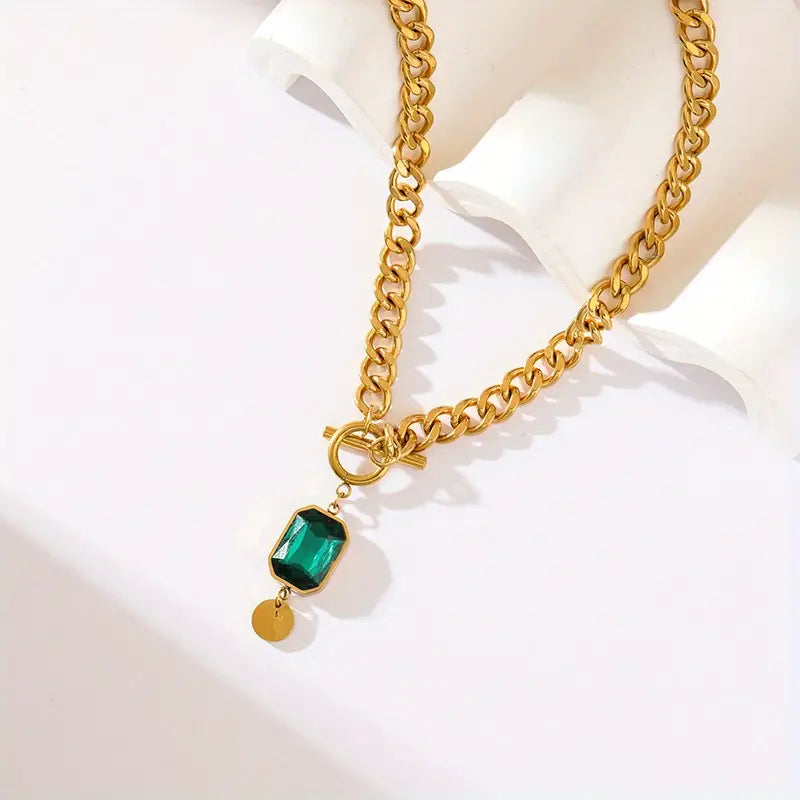 Chunky Chain Esmeralda Pendant Collar | Oro