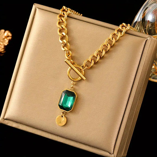 Chunky Chain Esmeralda Pendant Collar | Oro