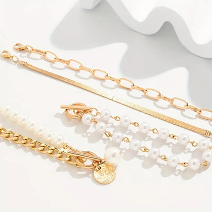 Chic Oro 4-Piece Set de Pulseras - Snake, Perlas & Links | Oro
