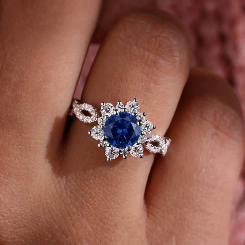 Cristal Zafiro Flower Anillo | Blanco Oro