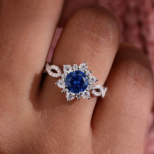 Cristal Zafiro Flower Anillo | Blanco Oro