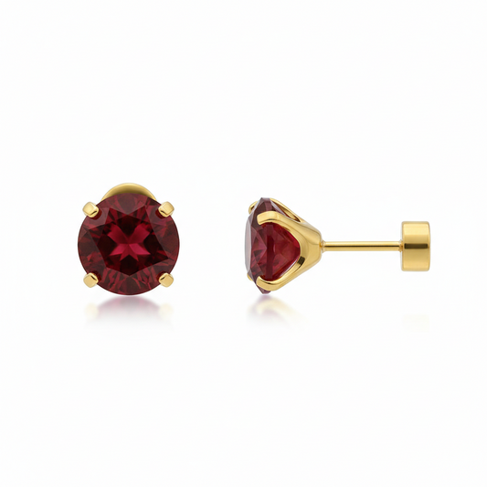 Rubí Round Aretes de Botón | Oro