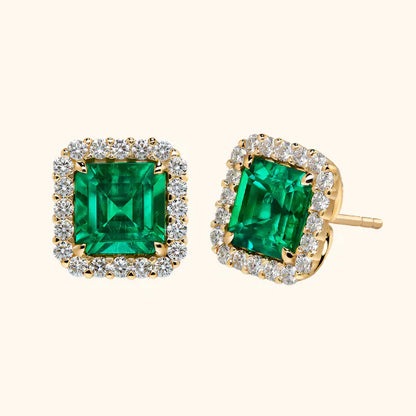 Oro Esmeralda Square Halo Aretes de Botón