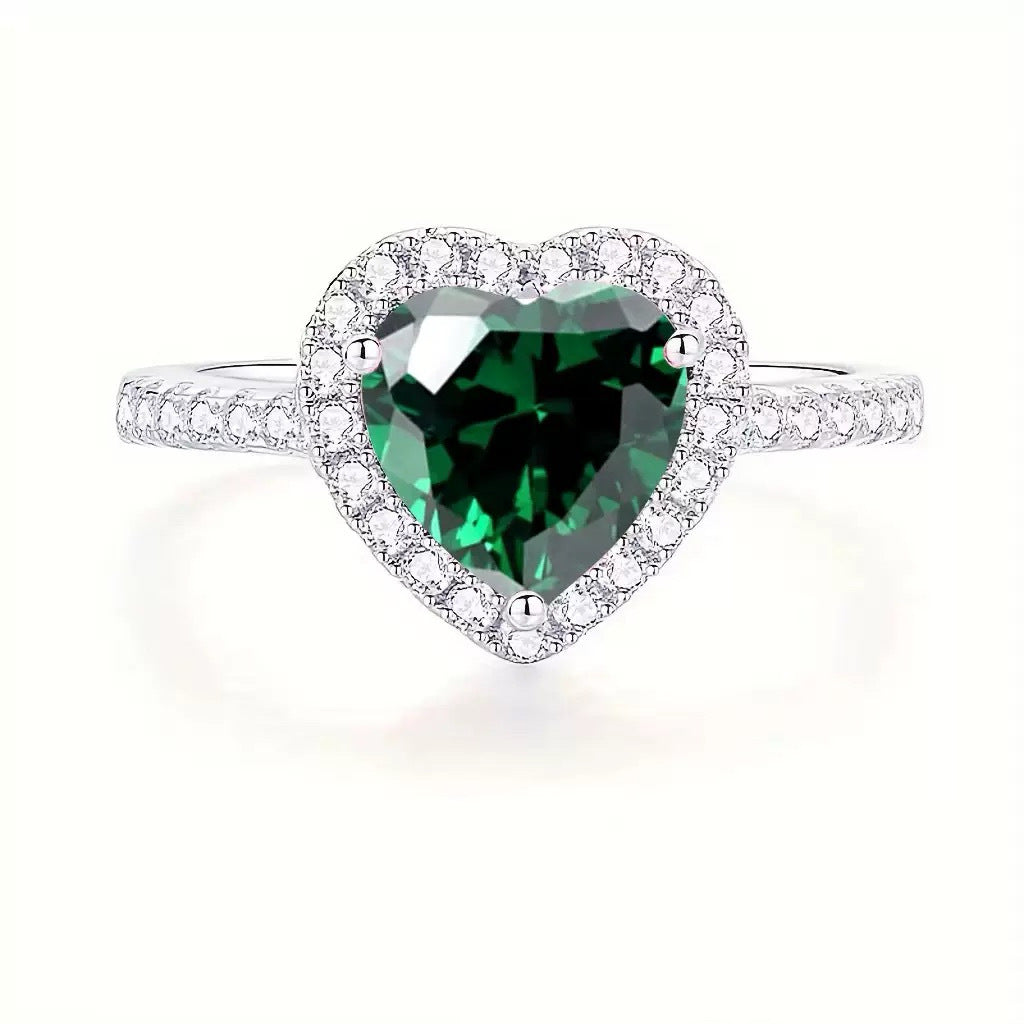 Plata Esmeralda Corazón Halo Anillo