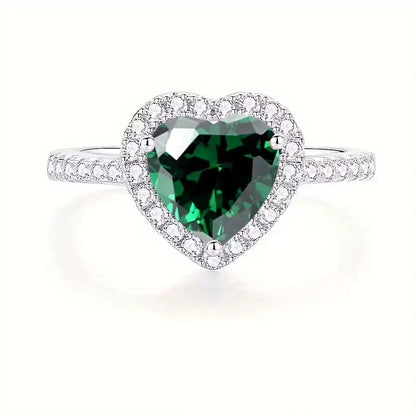 Plata Esmeralda Corazón Halo Anillo