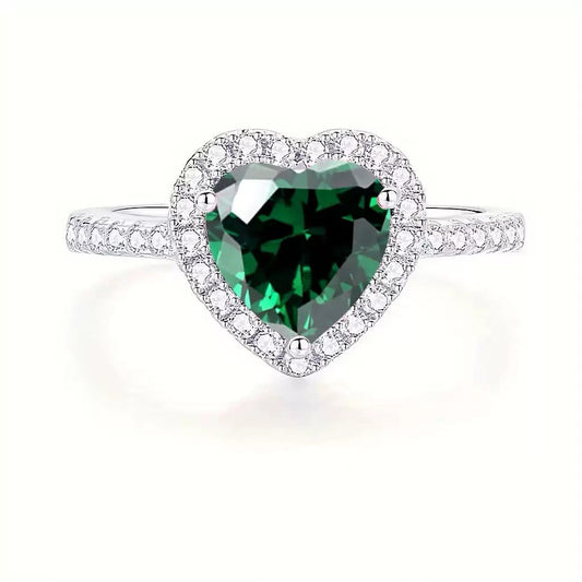 Plata Esmeralda Corazón Halo Anillo