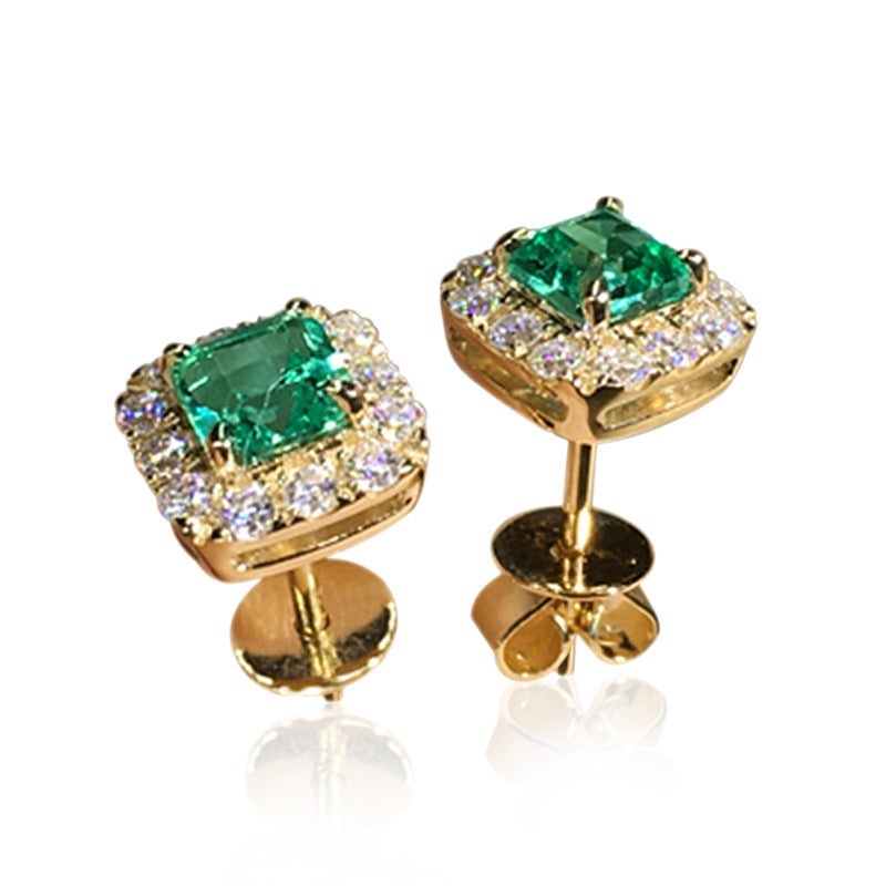 Oro Esmeralda Square Halo Aretes de Botón