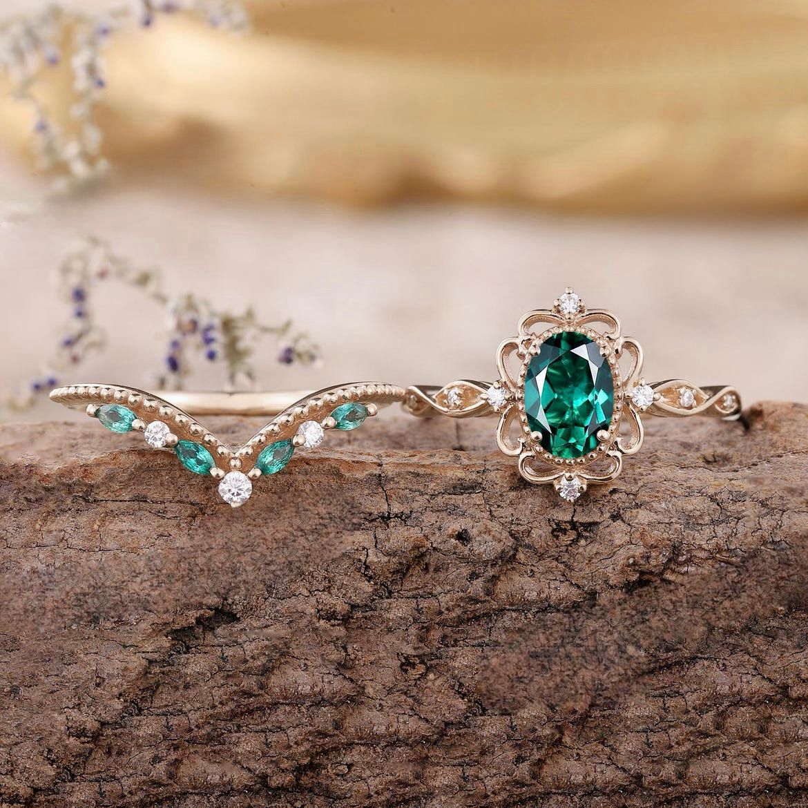 Aurelle Esmeralda Crown Set de Anillos | Rose Oro