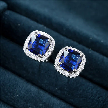 Plata Zafiro Halo Aretes de Botón
