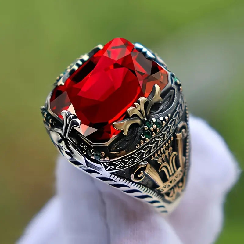 Plata Rubí Ornate Signet Anillo