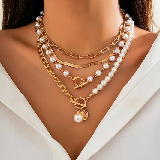 Vintage Perla & Oro Snake Chain Set de Collares | Oro