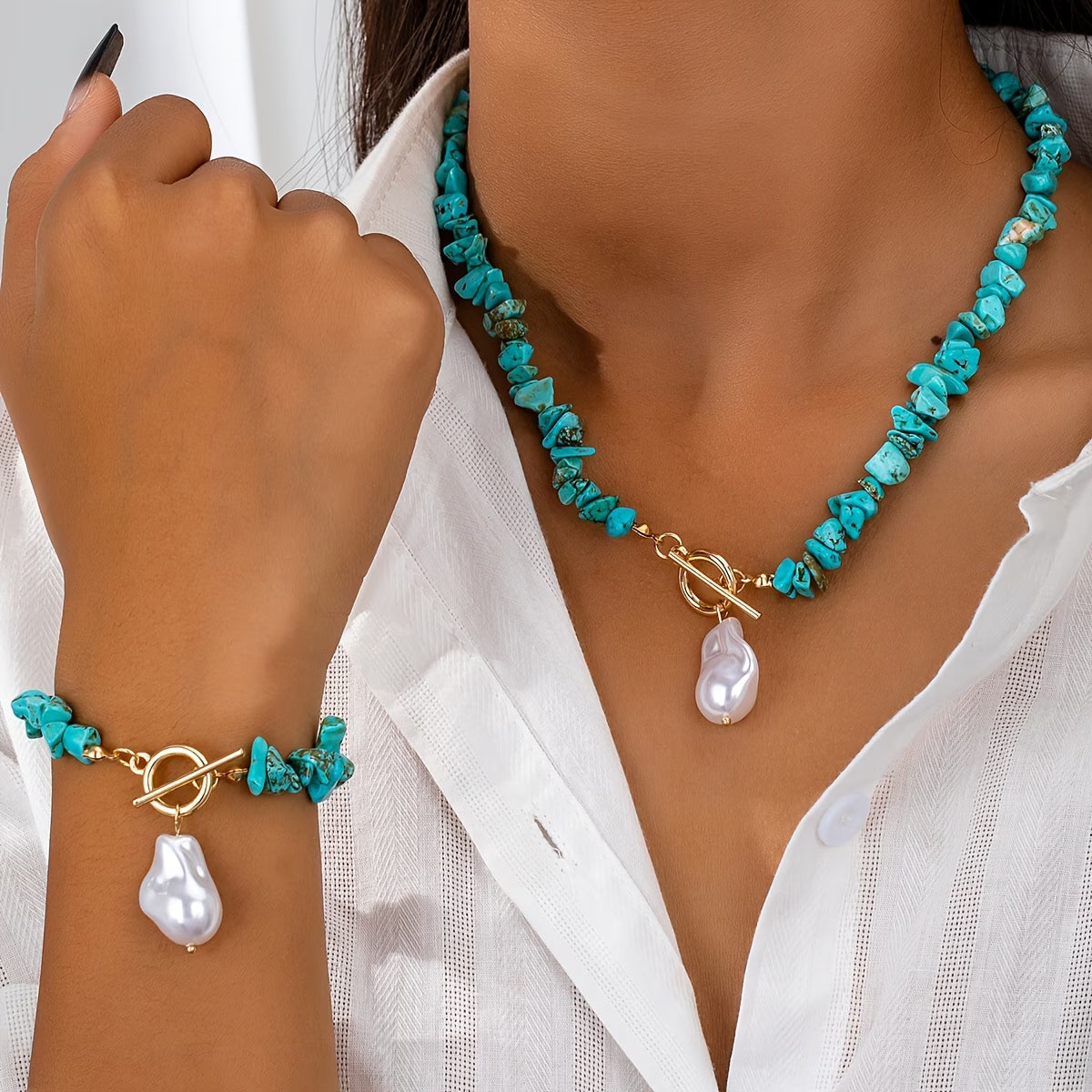 Turquesa & Collar de Perlas Set de Pulseras