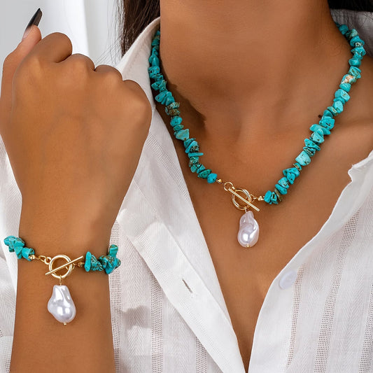 Turquesa & Collar de Perlas Set de Pulseras