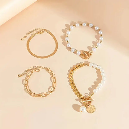 Chic Oro 4-Piece Set de Pulseras - Snake, Perlas & Links | Oro