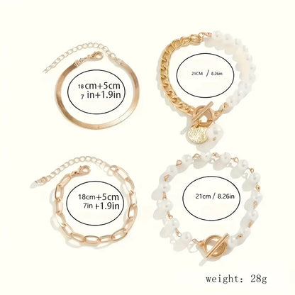 Chic Oro 4-Piece Set de Pulseras - Snake, Perlas & Links | Oro