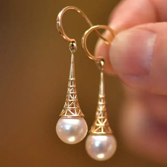 Oro Filigree Perla Aretes Colgantes