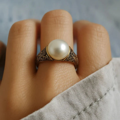 Oro Filigree Anillo de Perlas