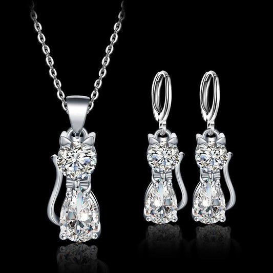 Set Collar + Aretes Happy Cats in Sterling Plata and Polished Blanco Zirconium